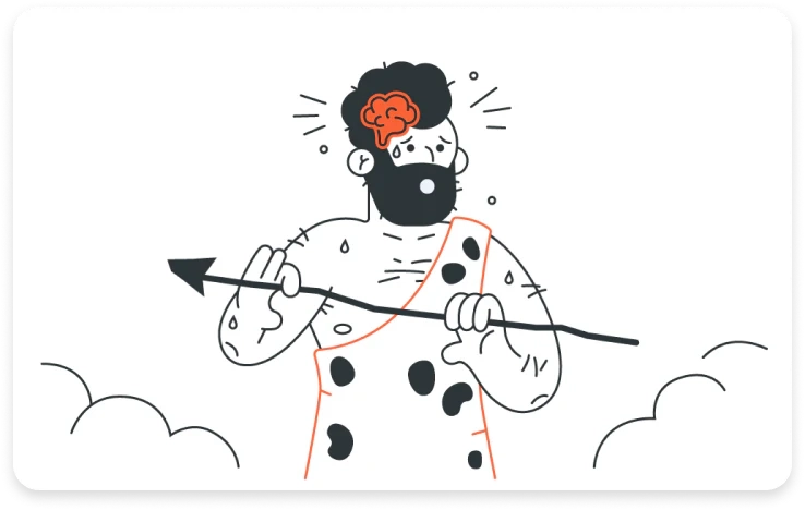 Line drawing of a caveman in a stress response, with an orange brain silhouette